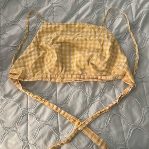 Small yellow plaid open back tie halter top